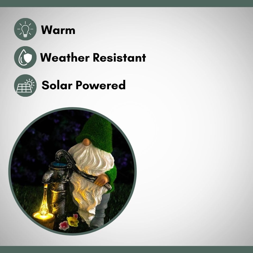 Solar Garden Gnome LED Water Pump Statue 30cm Outdoor Decor