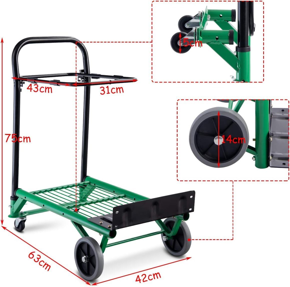 90KG Folding Hand Truck Trolley Adjustable Height 4 Wheel Cart
