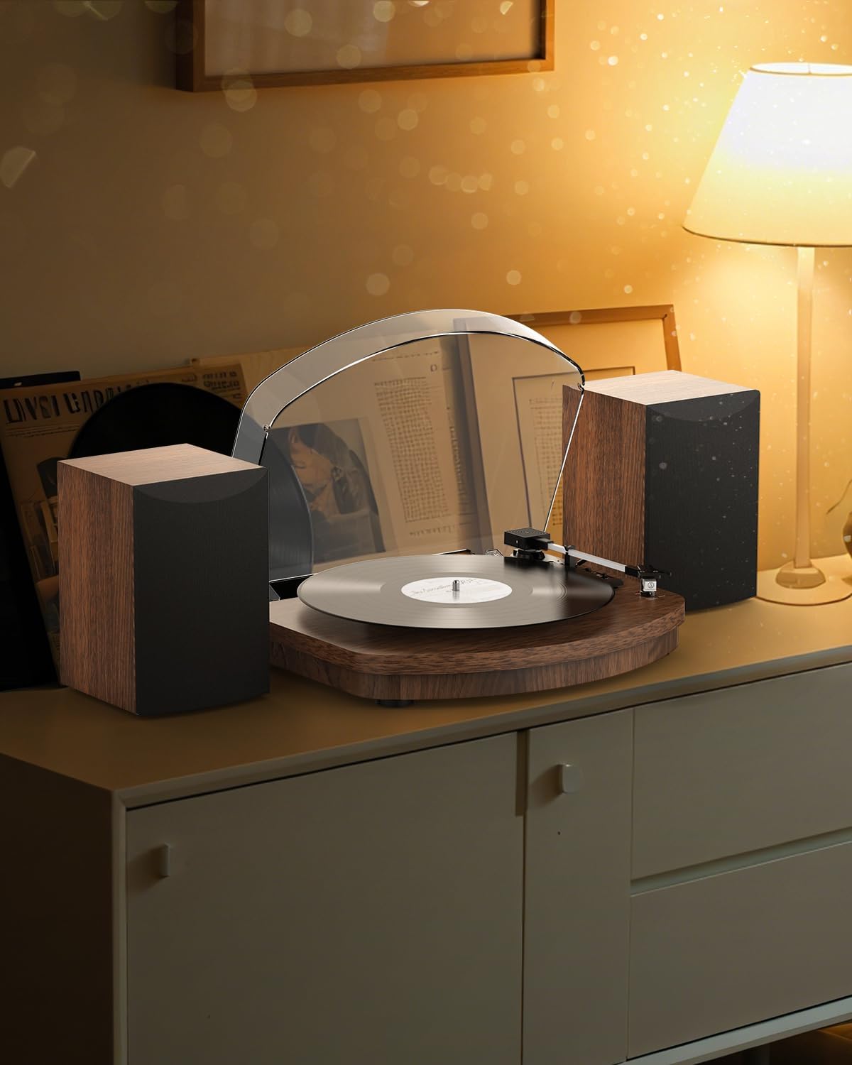 Walnut Vinyl Record Player With Dual Stereo Speakers