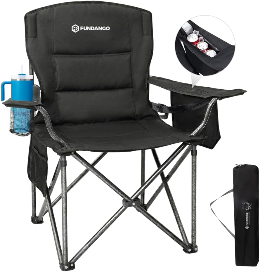 Oversized Camping Chair with Cooler and Lumbar Support Black