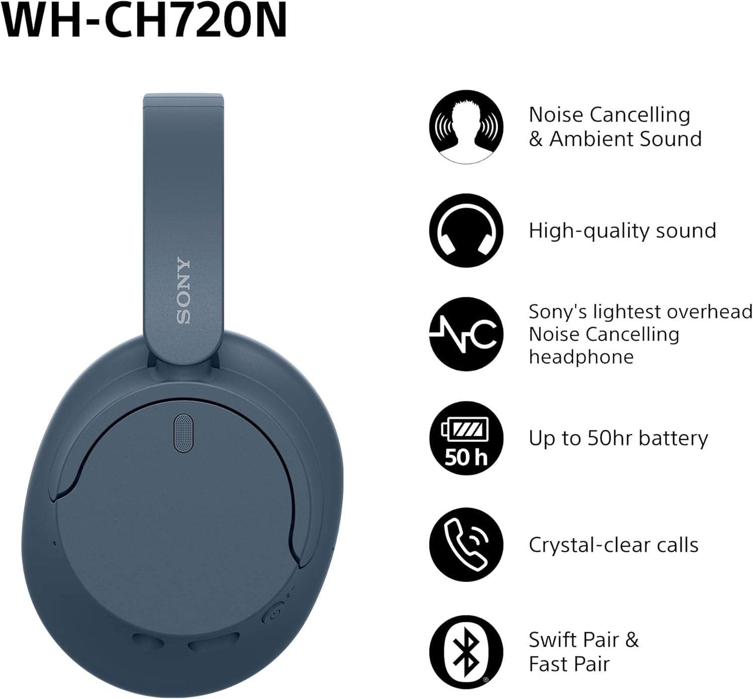Wireless Bluetooth Noise Cancelling Over Ear Headphones 50Hr Battery Blue
