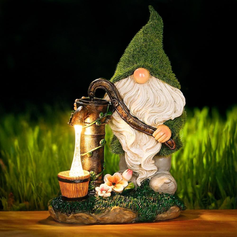Solar Garden Gnome LED Water Pump Statue 30cm Outdoor Decor