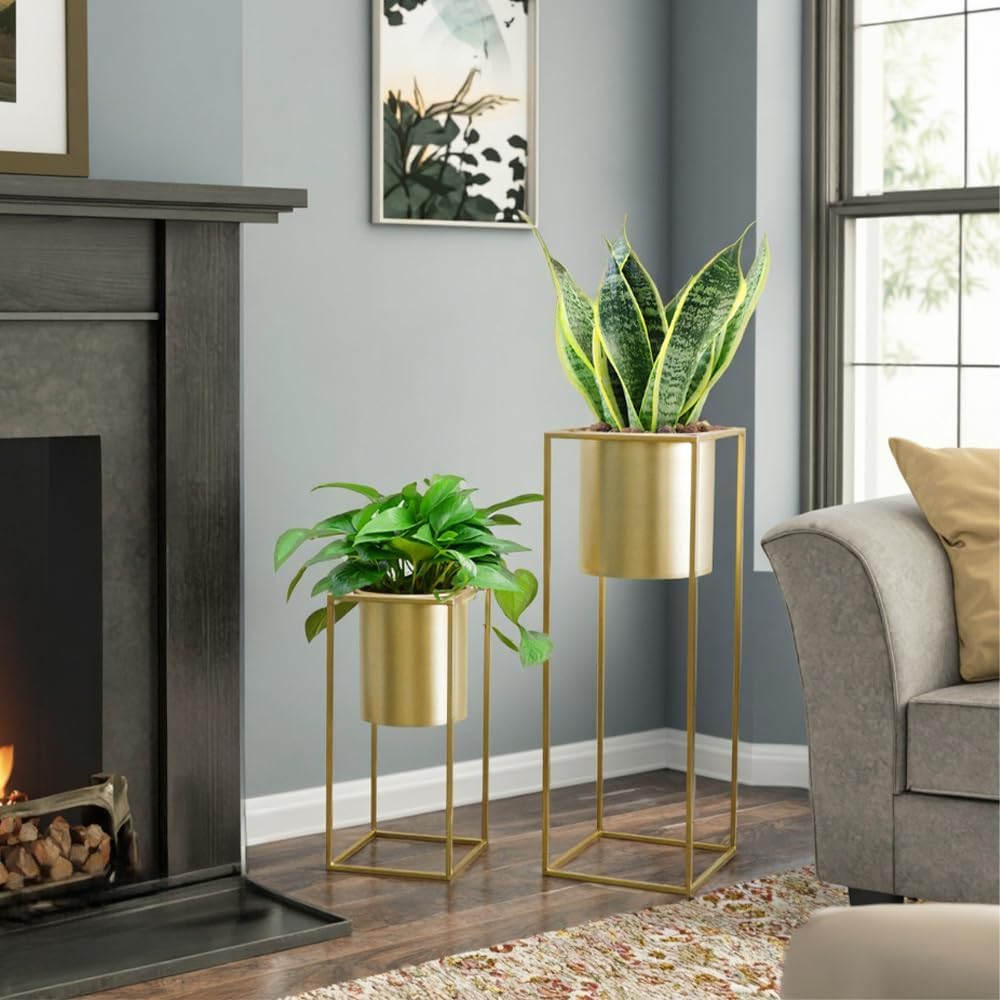 Gold Metal Planters with Stand Set of 2 Tall Pots 70cm 45cm