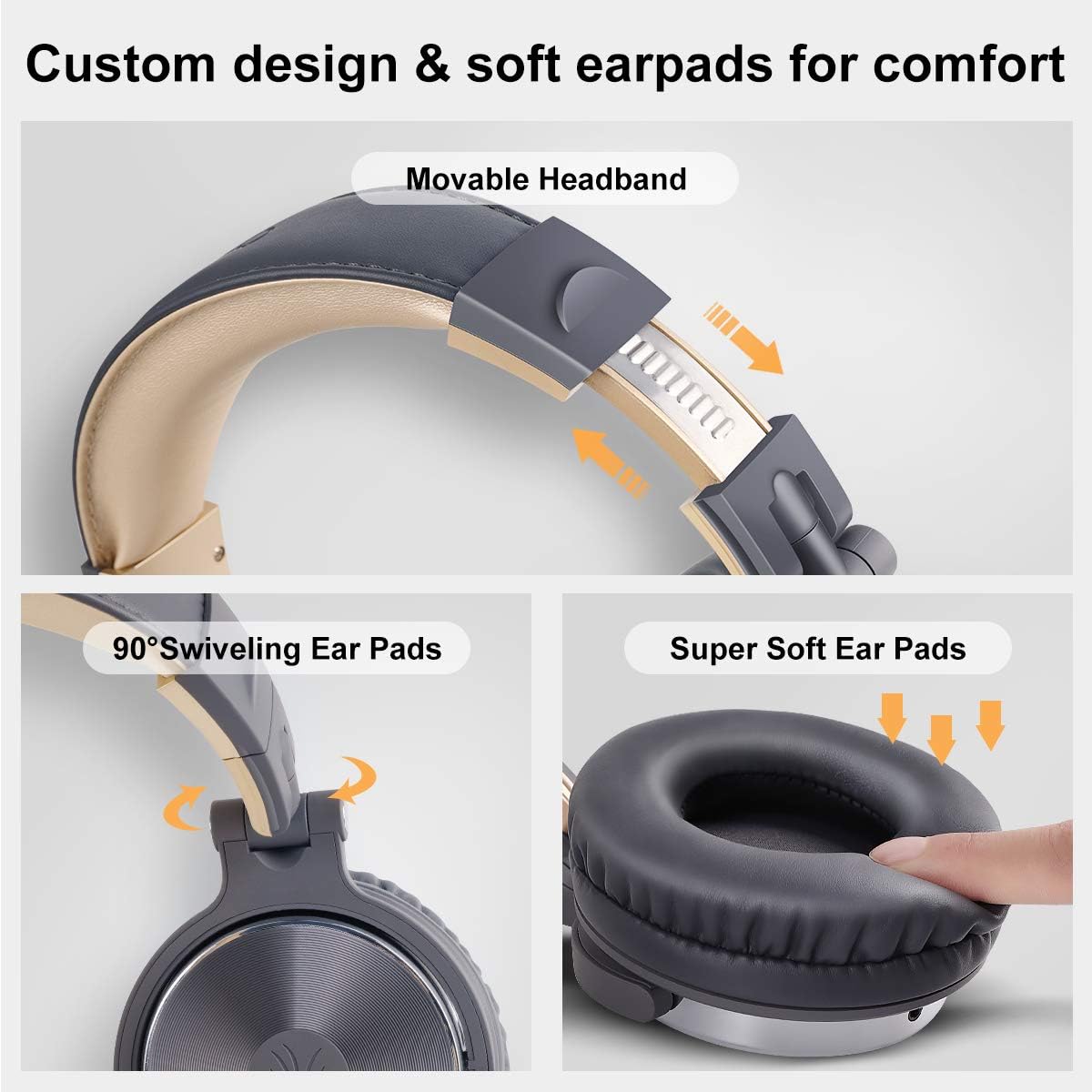 Wired Over Ear Studio Headphones 50mm Driver Foldable DJ Monitor Grey