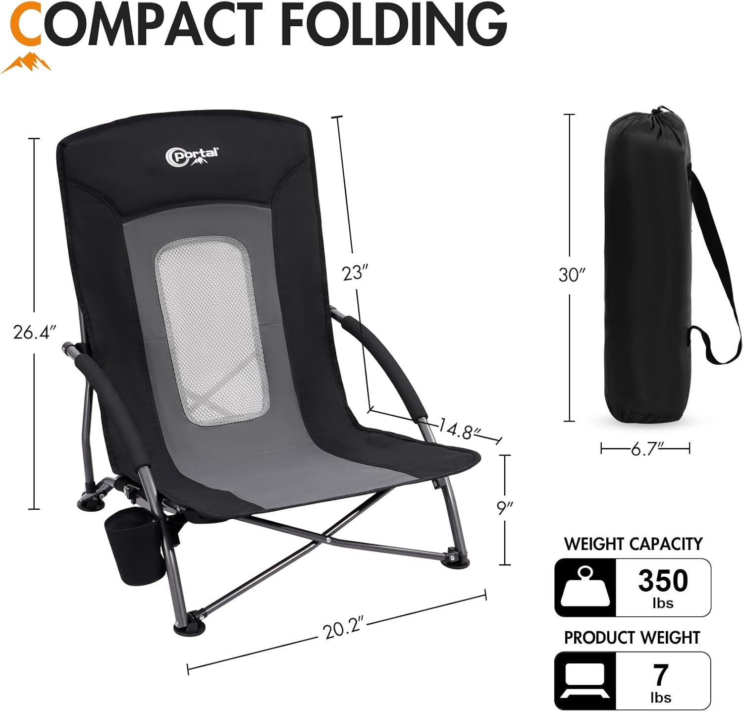 Low Beach Chairs 2 Pack Folding Lightweight Black Seats