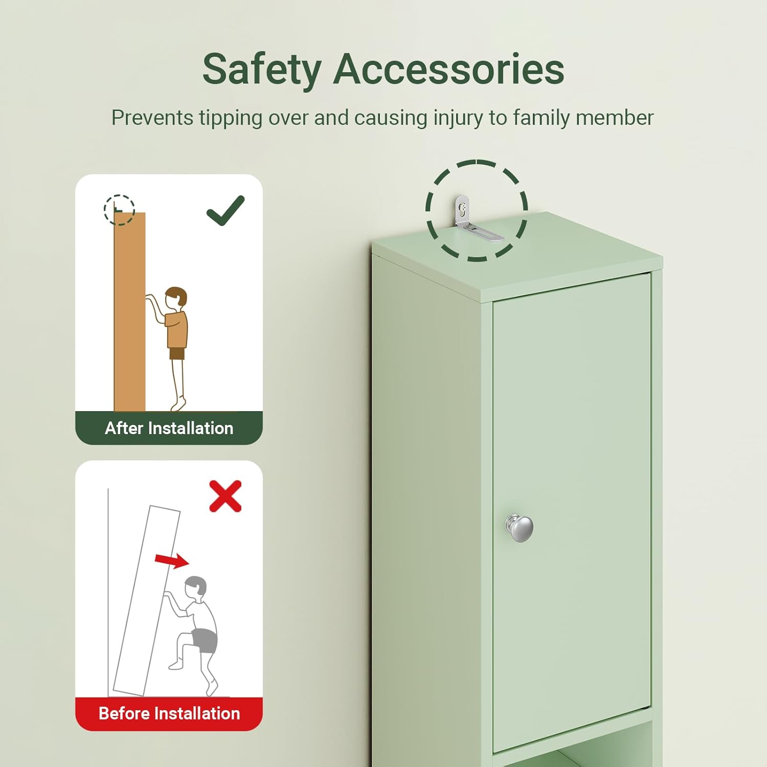 Slim Tall Bathroom Cabinet Light Green Drawer 180cm