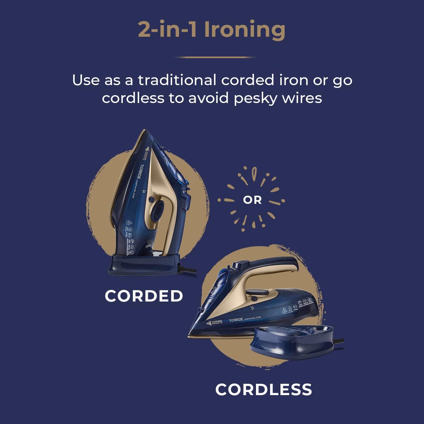 Cordless Steam Iron 2400W Ceramic Soleplate Variable Steam Auto Reheat