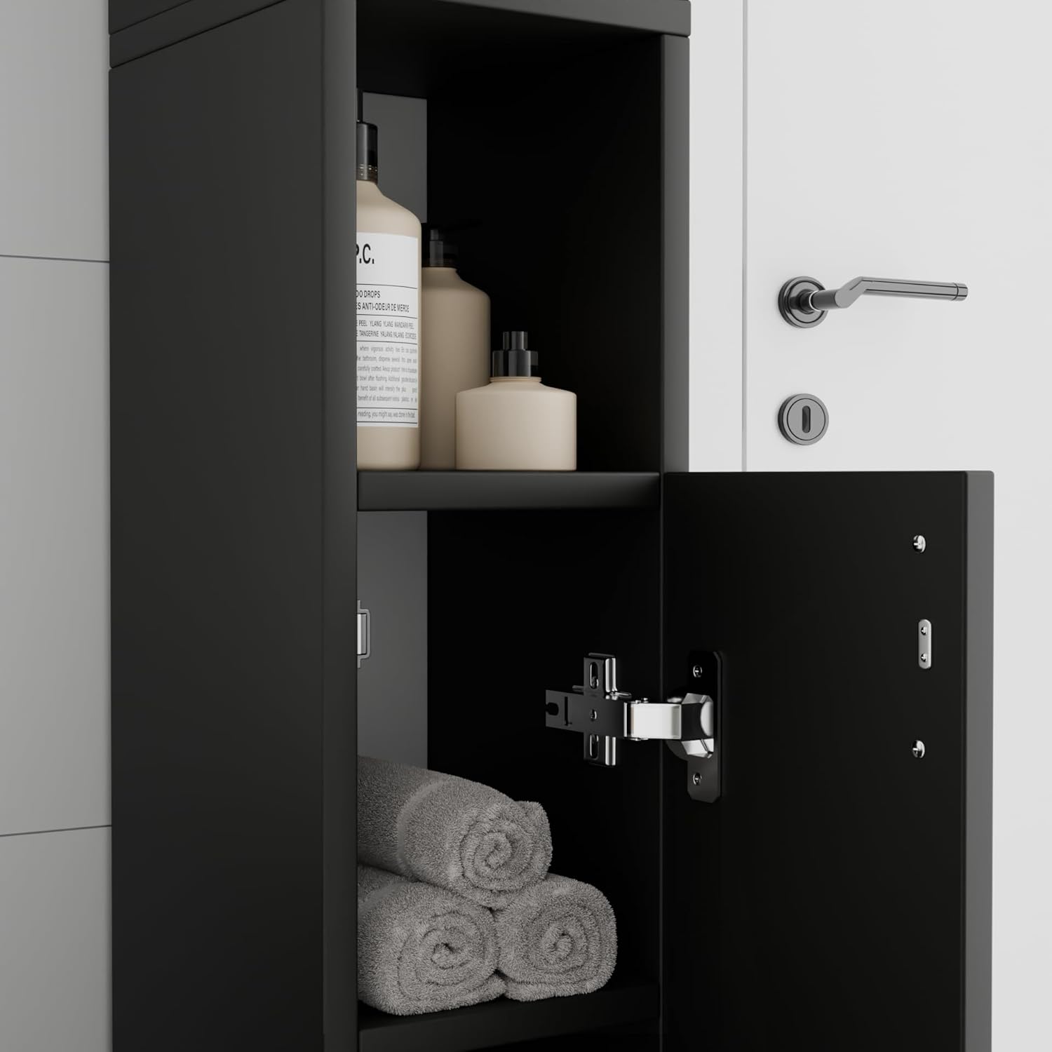 Slim Tall Bathroom Cabinet Black 2 Door Shelf Unit