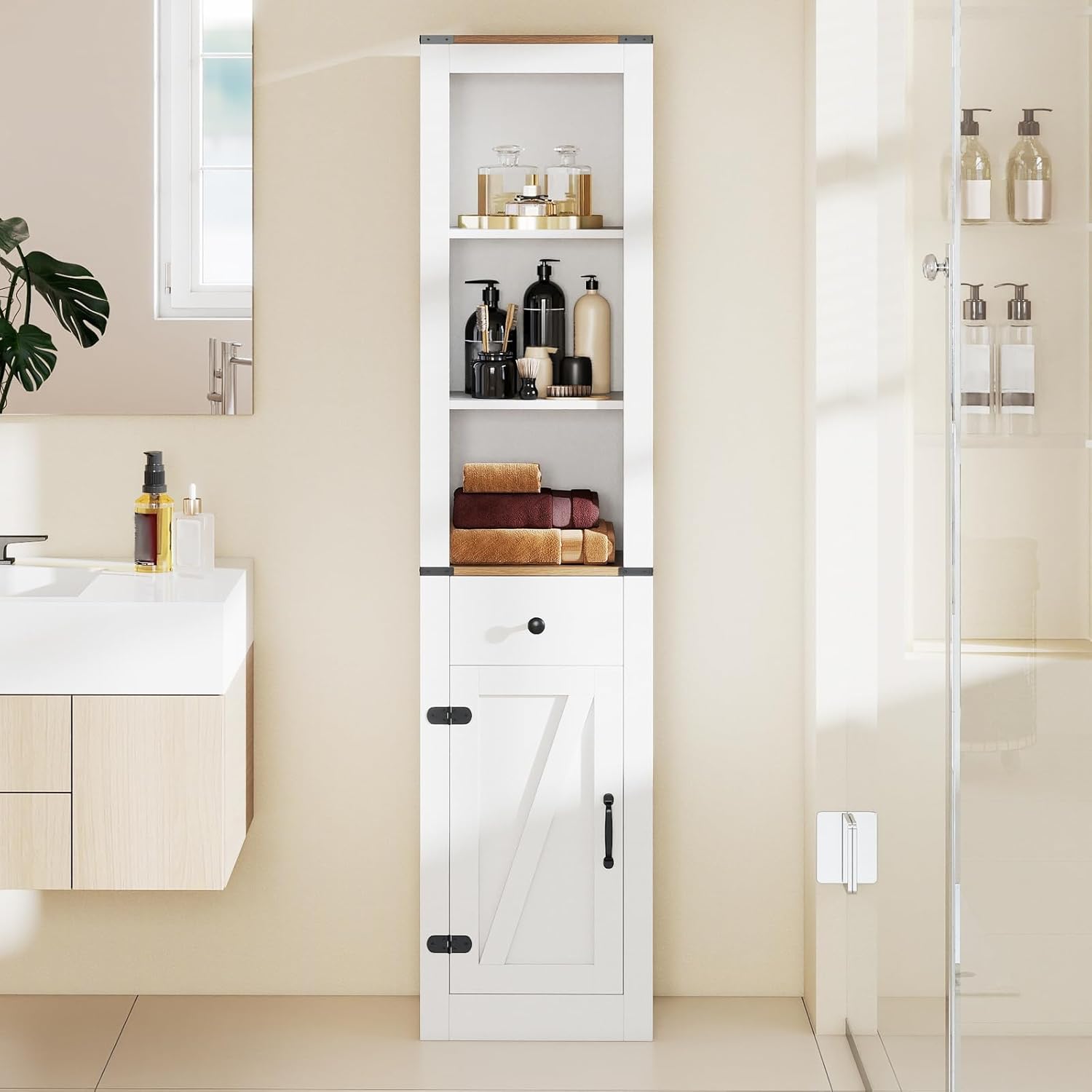 Farmhouse Tall Bathroom Cabinet Drawer Shelf Unit White Brown