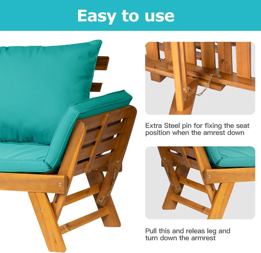 Convertible Acacia Wood Patio Sofa Bed Daybed Outdoor Loveseat