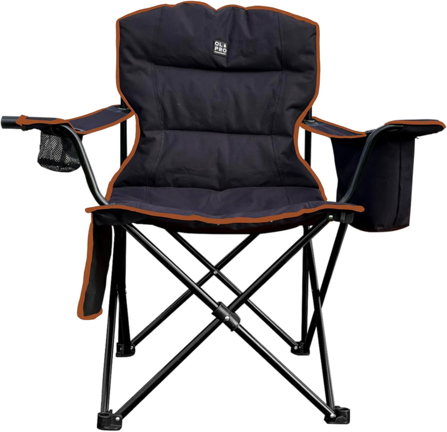 Padded Folding Camping Chair with Cooler Black Orange