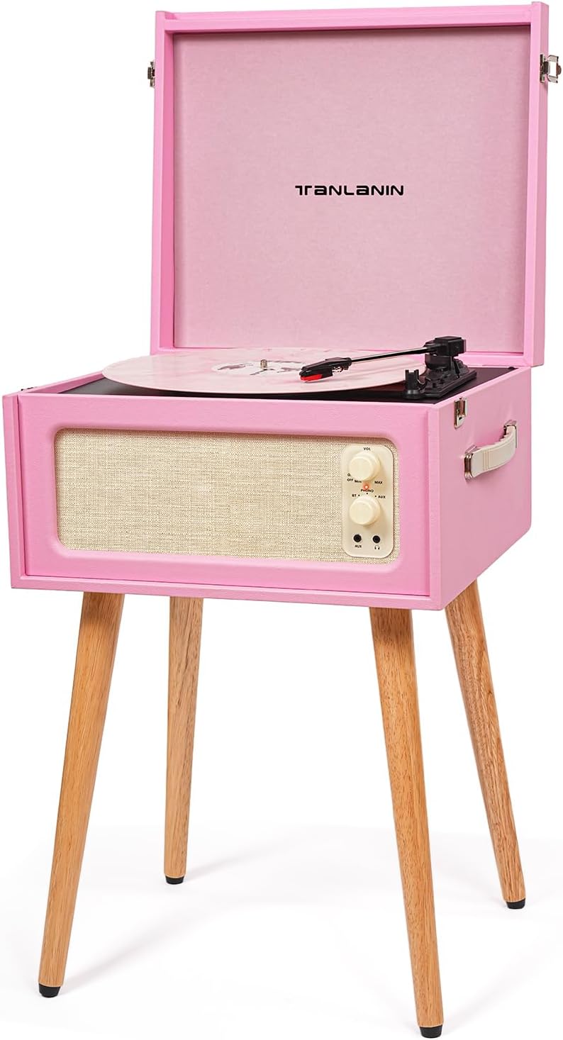 Pink Turntable with Stand 3 Speed Record Player with Removable Legs