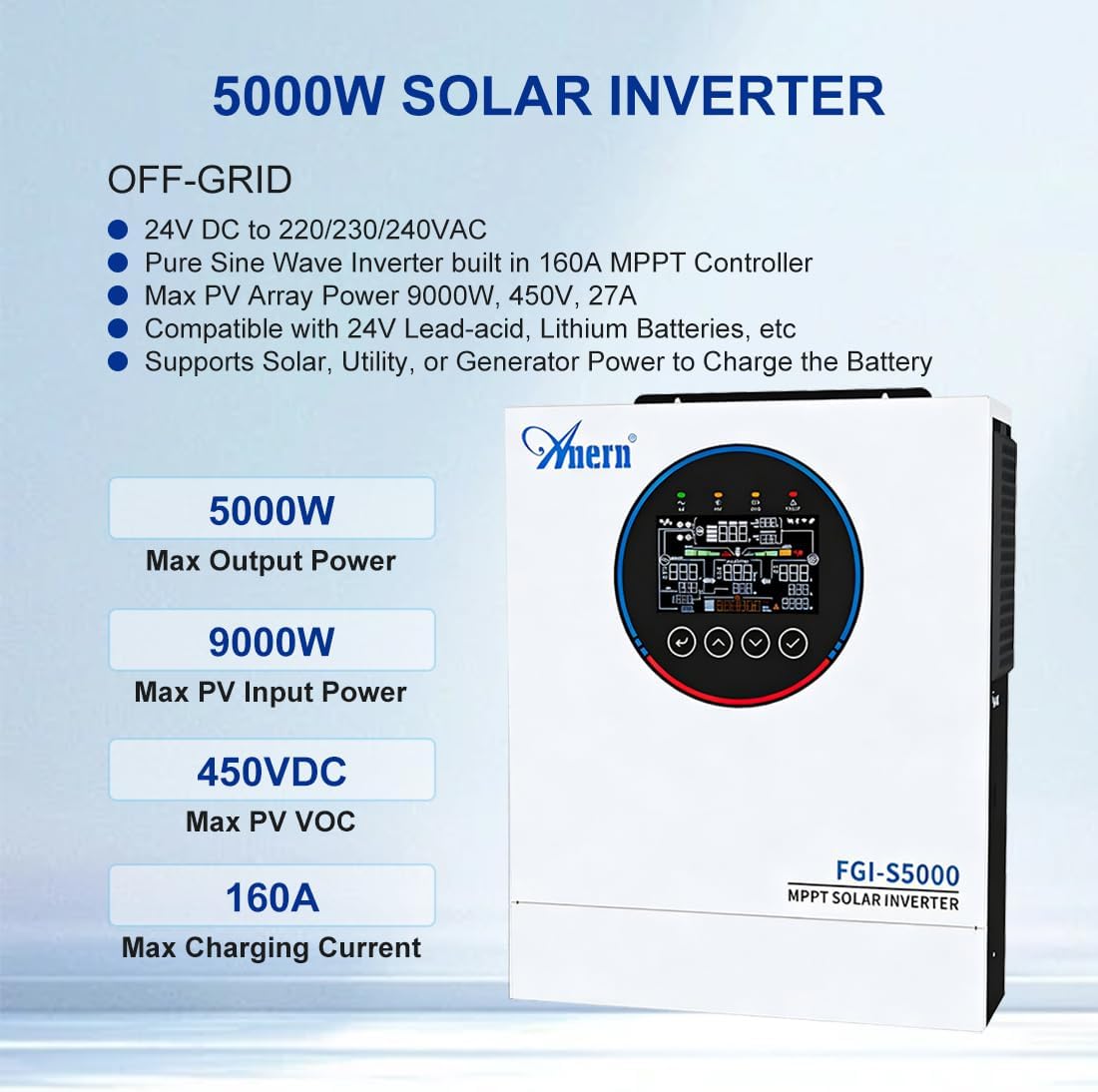 5000W Hybrid Solar Inverter 24V Dual AC Output 160A MPPT