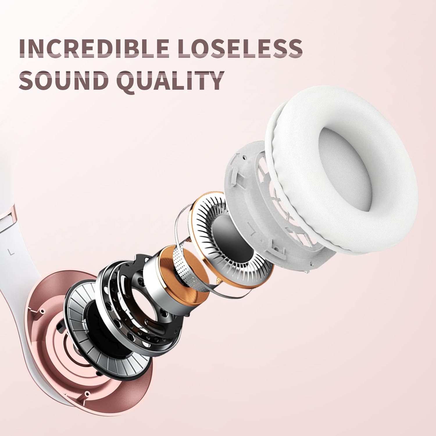 Wireless Bluetooth Over Ear Headphones 65Hr Battery 6 EQ Modes Rose Gold