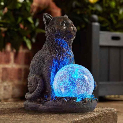 Solar Cat Garden Statue LED Crystal Ball Light Outdoor Decor 19cm