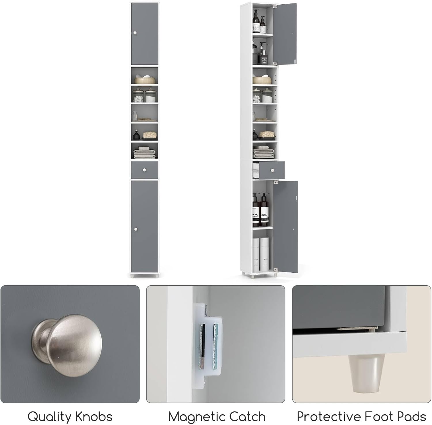 Tall Slim Storage Cabinet Grey White Drawer Shelf Unit