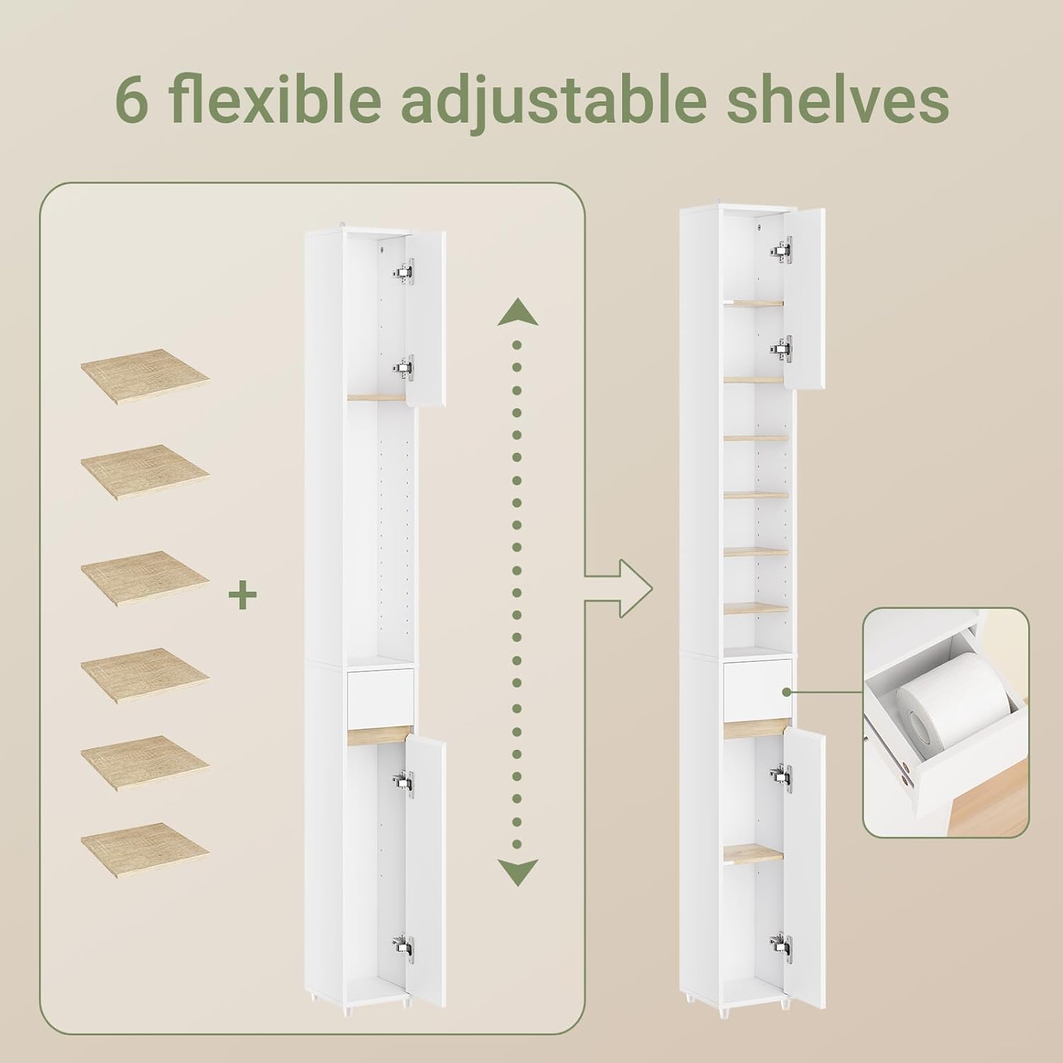 Slim Tall Bathroom Storage Cabinet 20cm White Natural 180cm