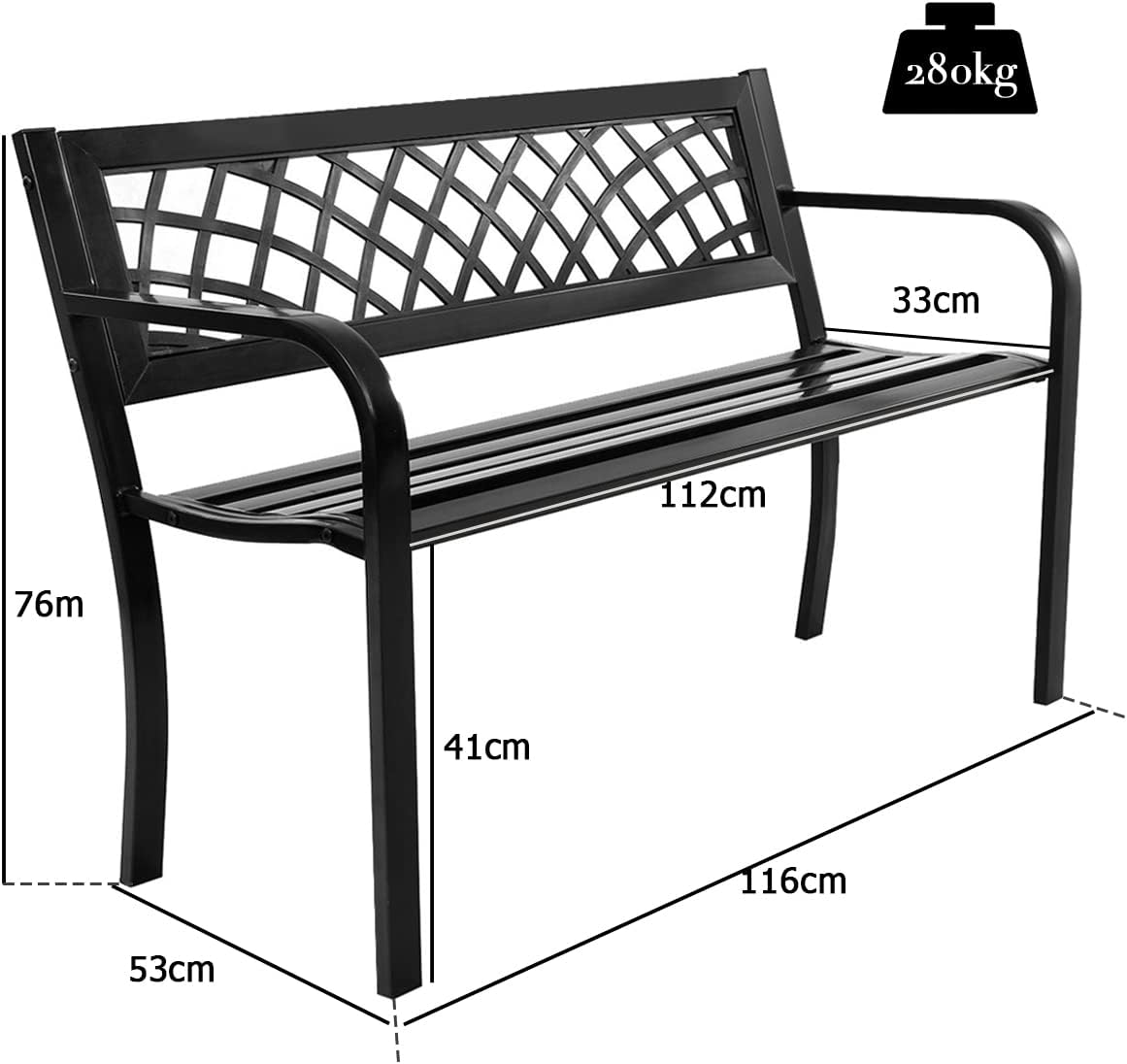 2-3 Seater Outdoor Garden Bench Metal Patio Park Bench Black
