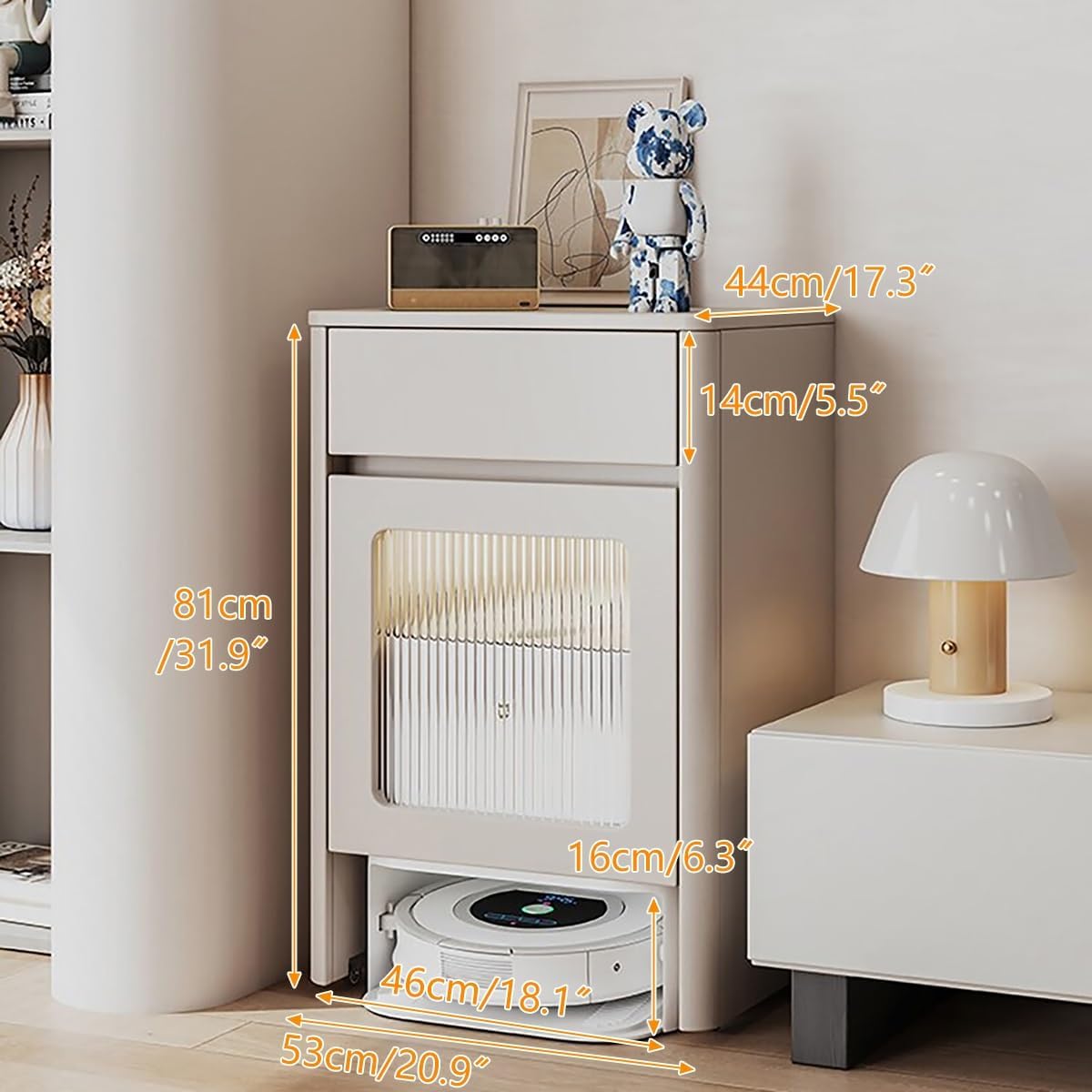 Robot Vacuum Storage Cabinet Wooden Side Table Drawer Wheels White