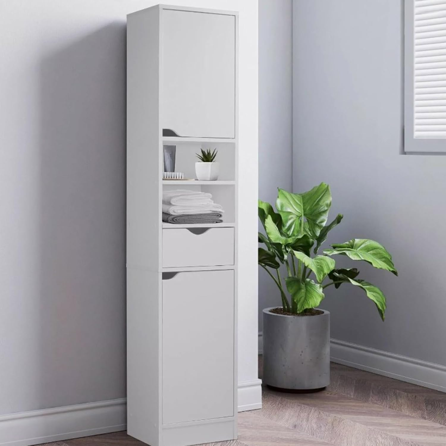 Tall Bathroom Storage Cabinet 8 Shelf Drawer Door Unit White