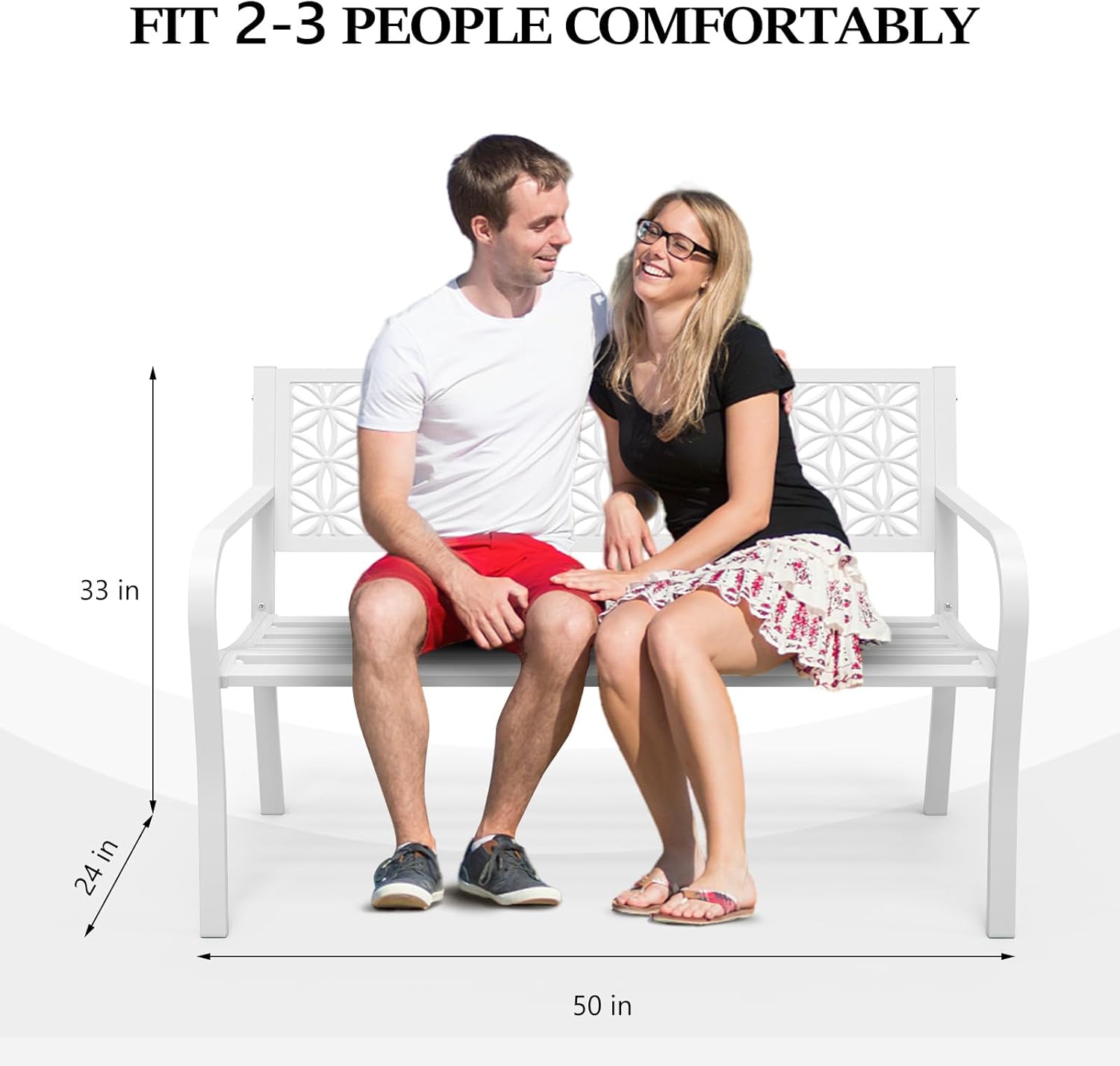 Metal Garden Bench 2-3 Seater Floral Back Outdoor Patio Seat White