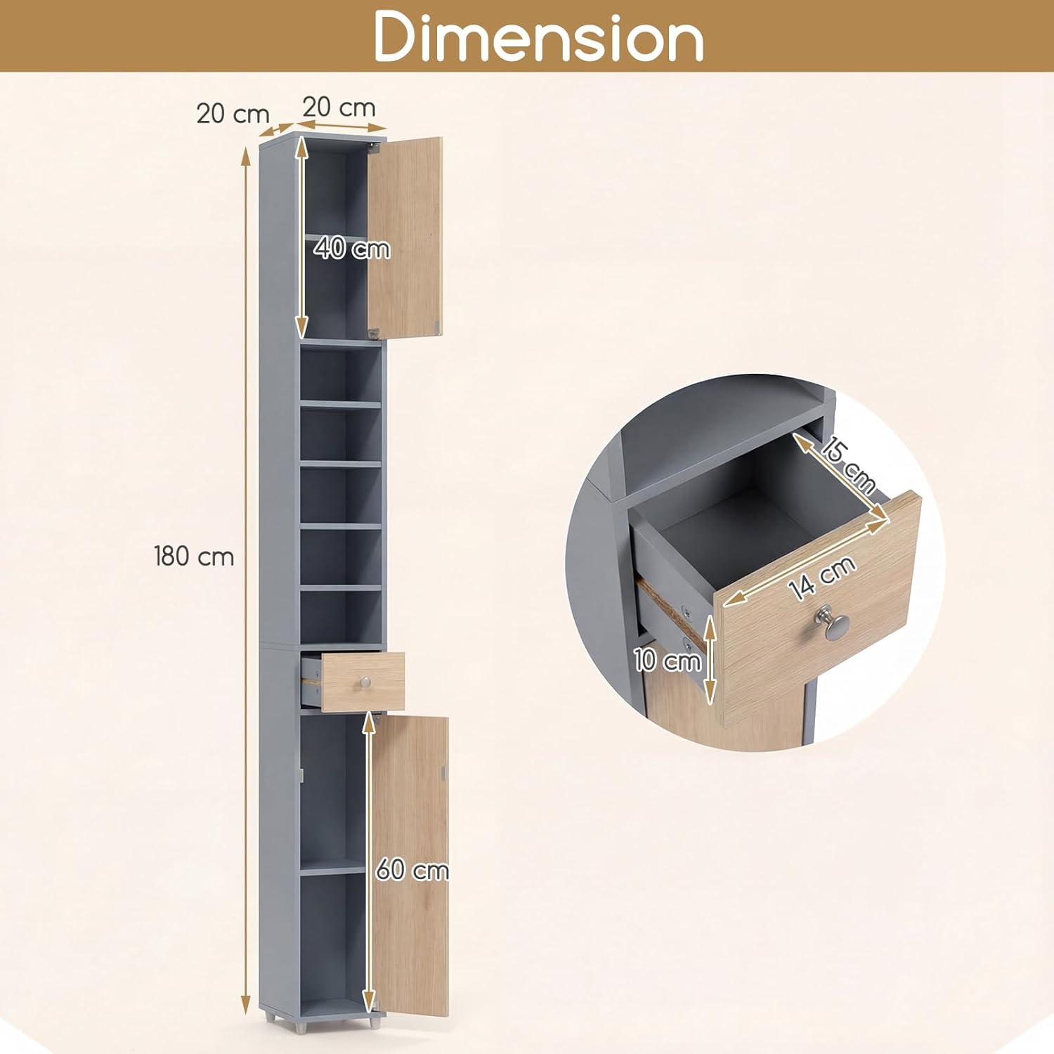 Tall Slim Bathroom Storage Cabinet Drawer Shelves Natural Grey