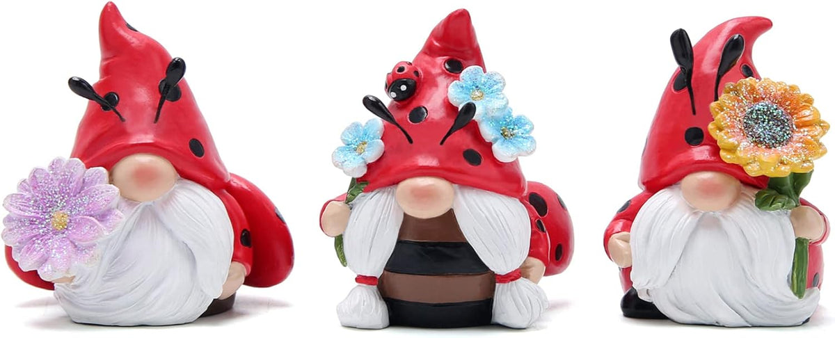 3PCS Ladybird Garden Gnome Set Resin Outdoor Ornaments Flower Decor