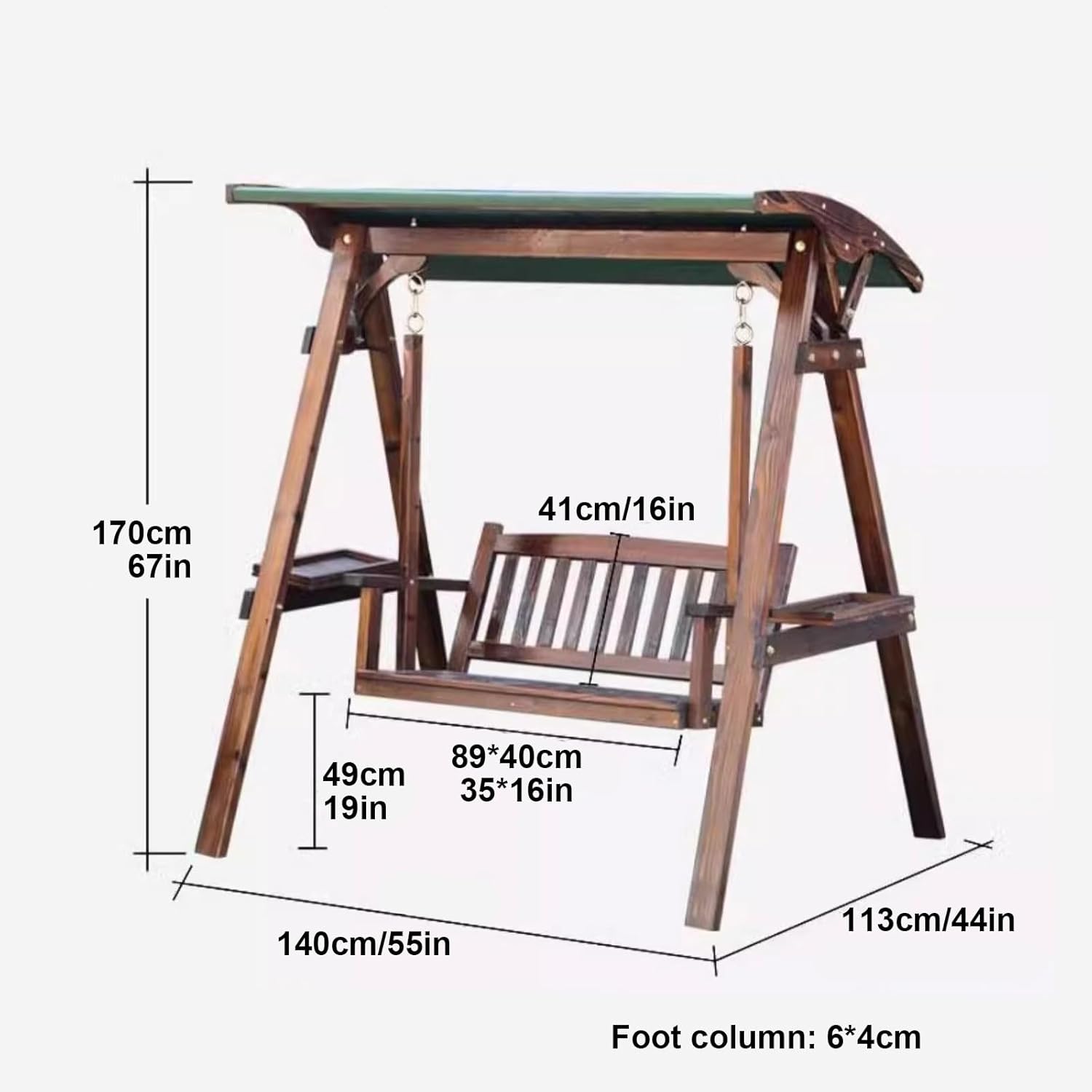 Solid Teak Wood Swing Bench Canopy Side Tables Brown