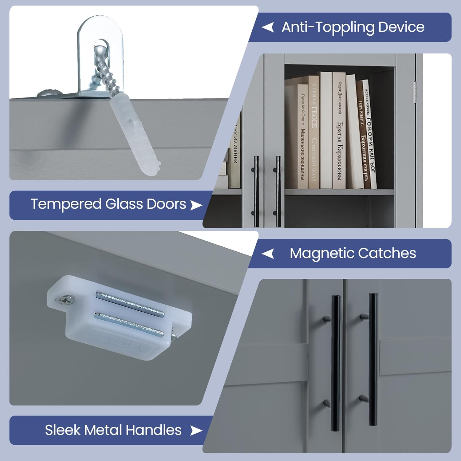 Tall Storage Cabinet Grey Glass Door Hook Shelf Unit