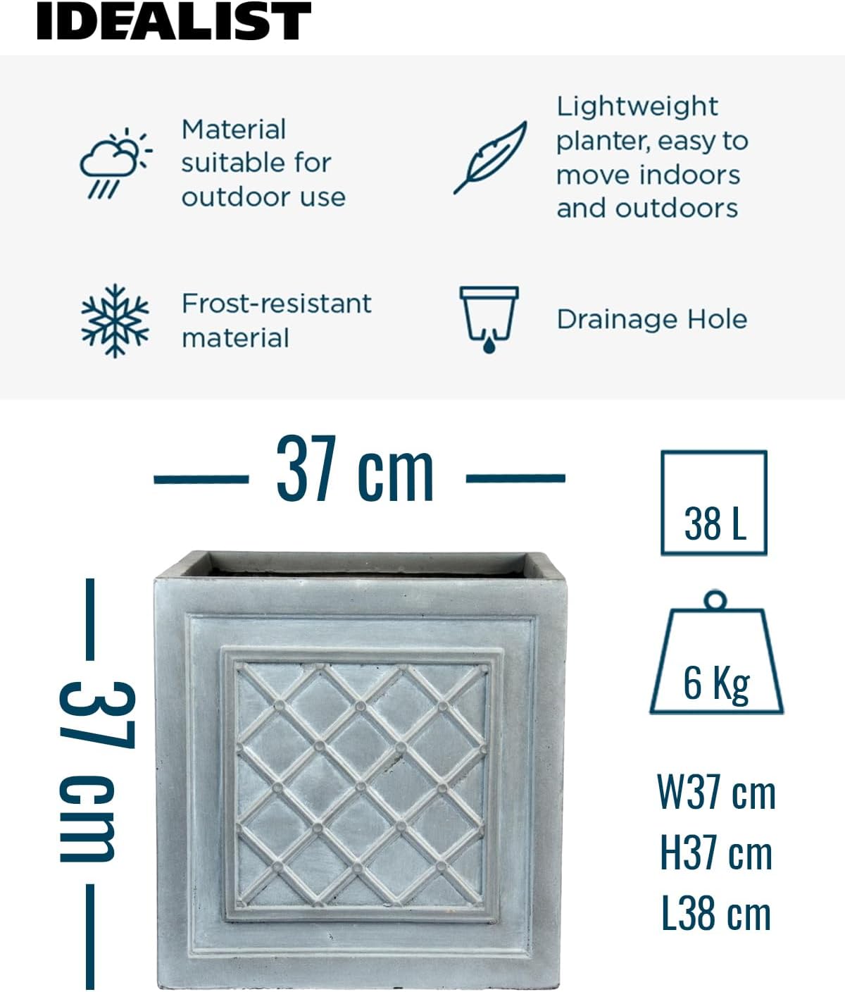 37cm Square Planter Grey Lattice Stone Effect Garden Pot