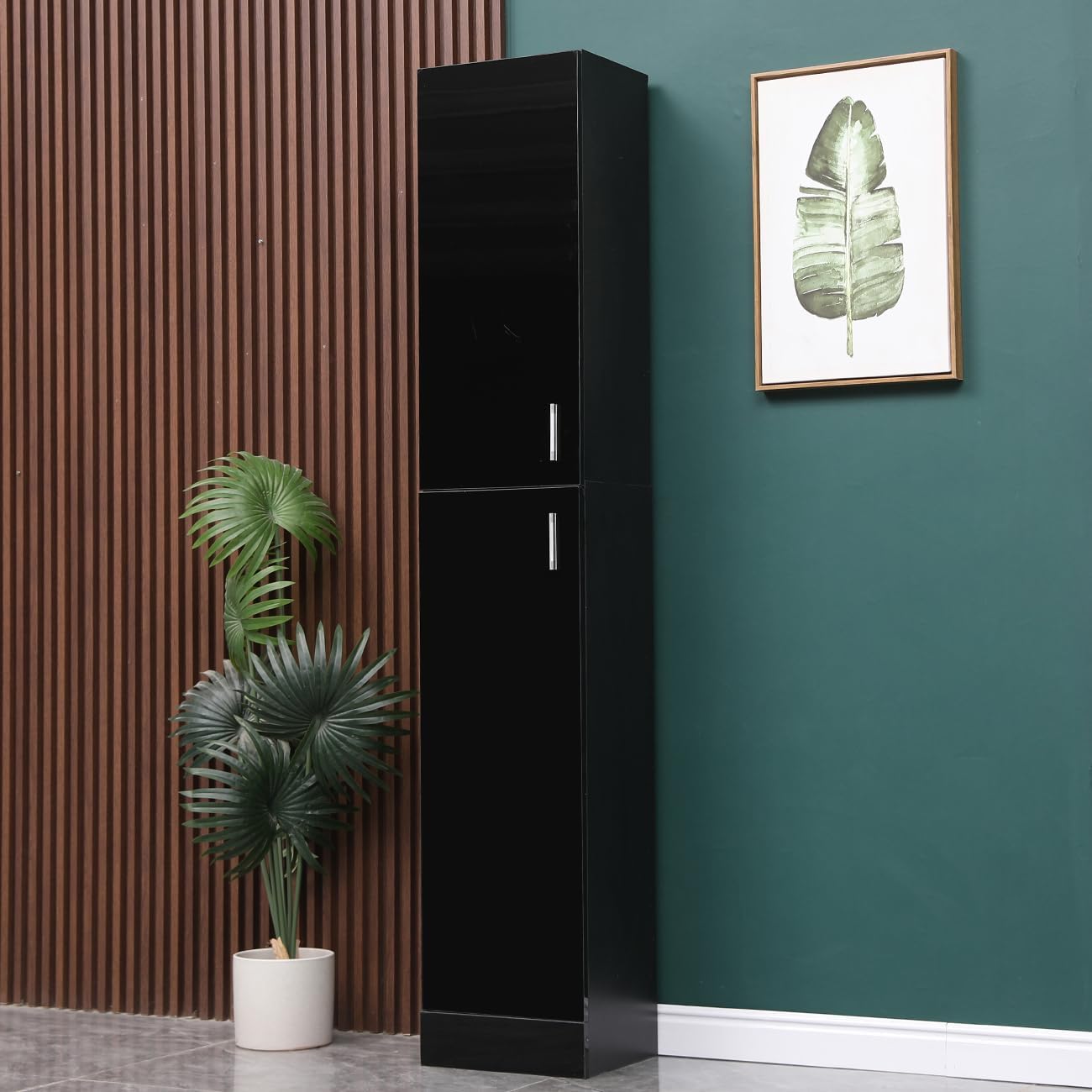 Tall Slim Storage Cabinet Black High Gloss Door Shelves