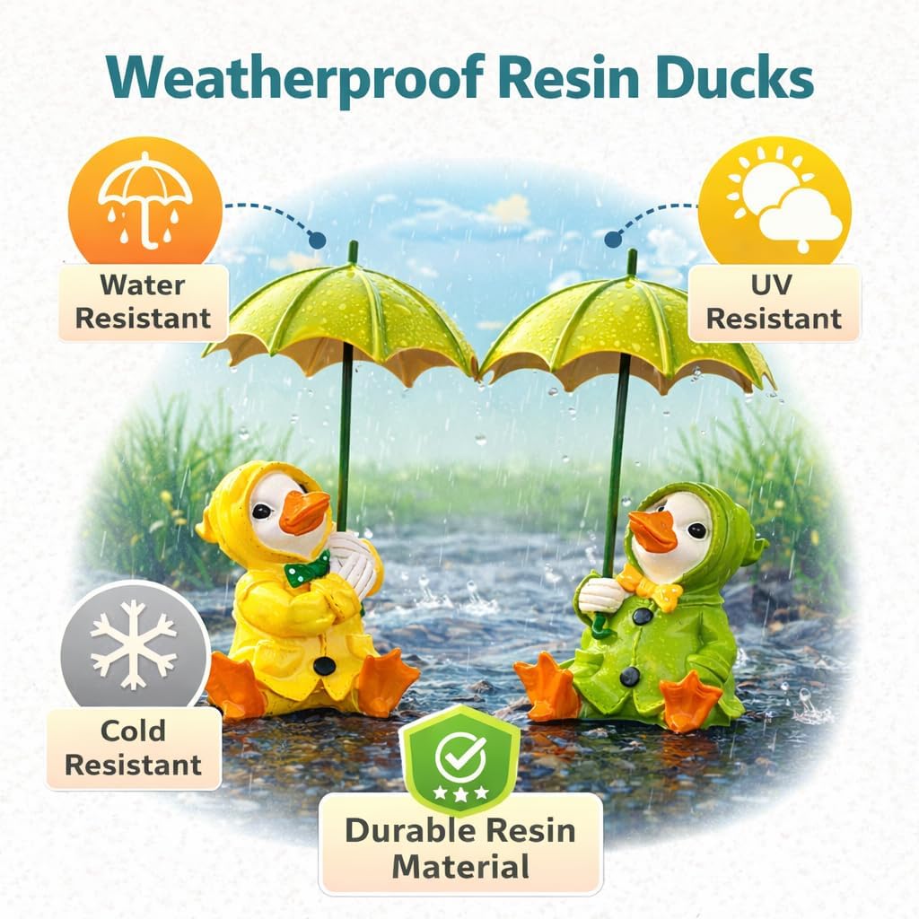 Duck Garden Ornaments Set 2 Resin Sitting Ducks Umbrella Decor