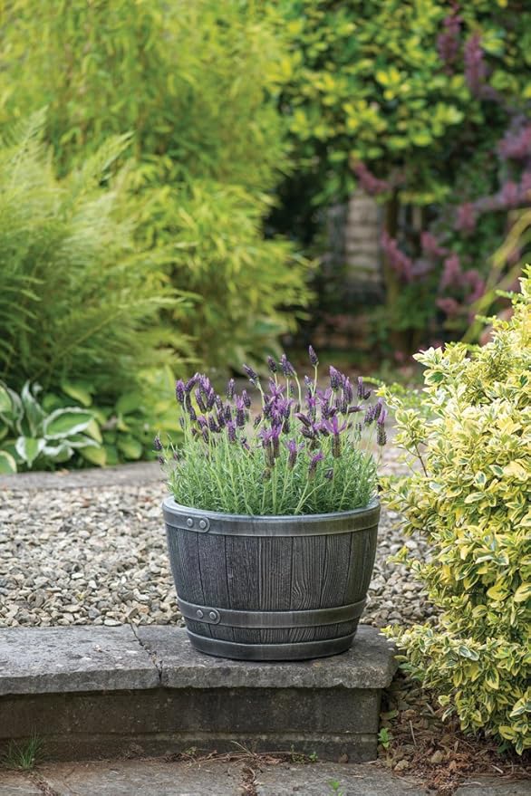 61cm Large Half Barrel Planter Pewter Effect Garden Pot 80L - Kwikley