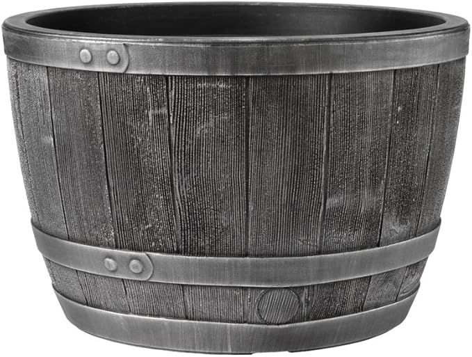 61cm Large Half Barrel Planter Pewter Effect Garden Pot 80L - Kwikley
