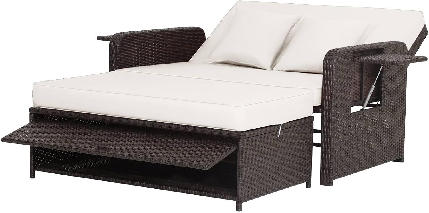 Outdoor Rattan Daybed Double Sun Lounger Storage Ottoman White Brown