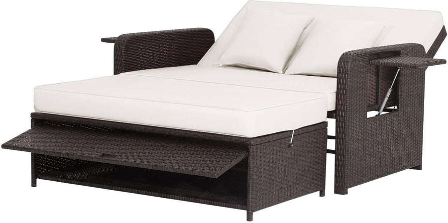 Outdoor Rattan Daybed Double Sun Lounger Storage Ottoman White Brown