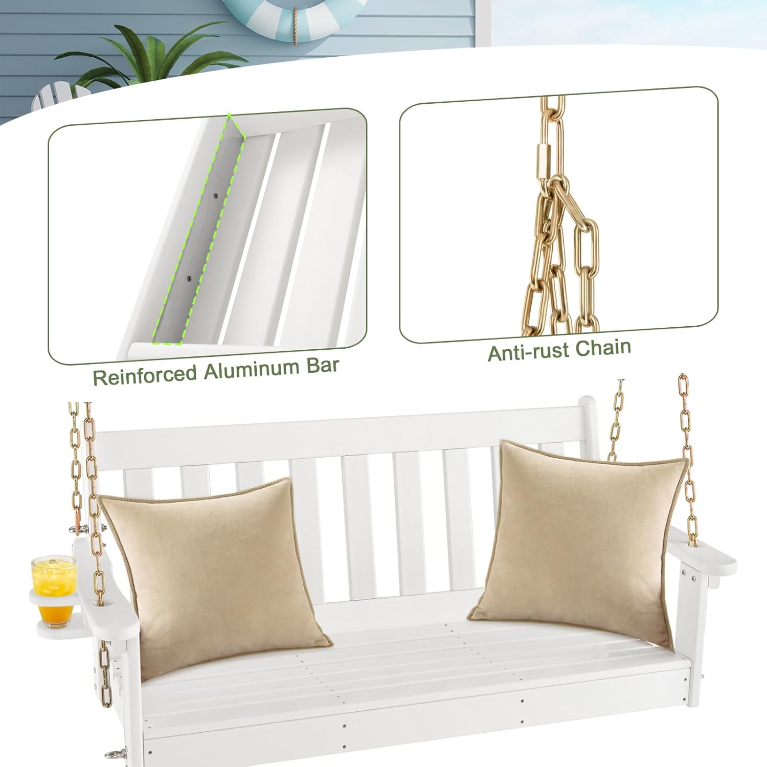 2 Seater Garden Swing Bench White Cup Holder Chains