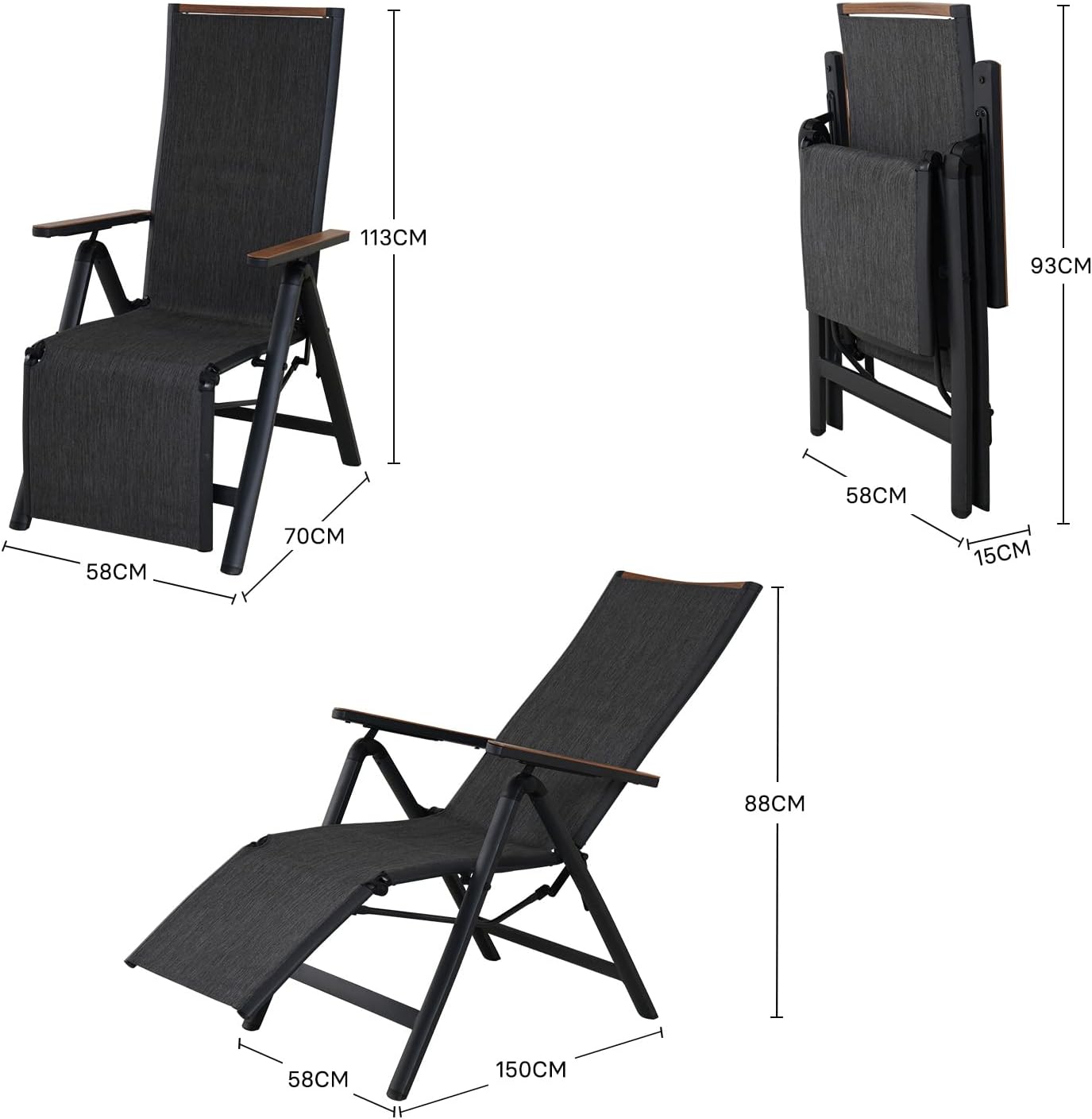 Foldable Sun Lounger Chair Black 6 Position Recliner