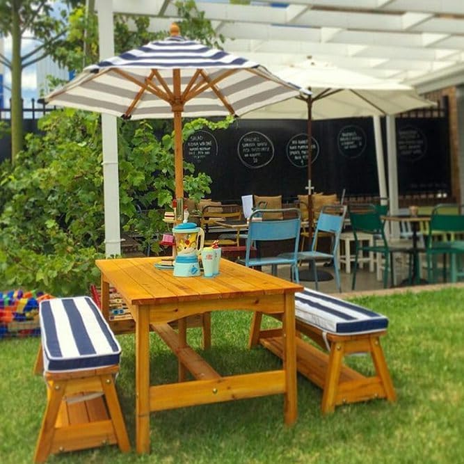 Kids Wooden Garden Table & Bench Set w/Cushions Parasol