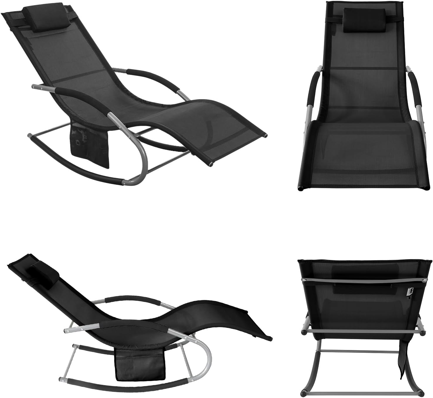 Outdoor Rocking Recliner Chair with Pillow Pocket Black