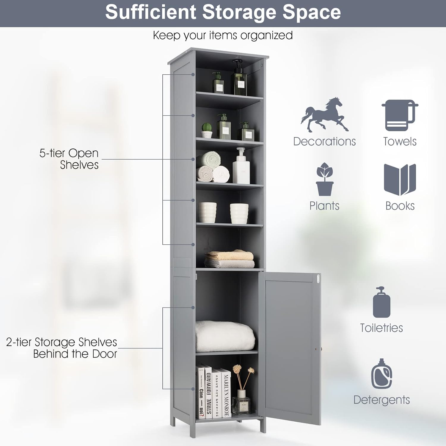 Tall Bathroom Storage Cabinet Shelf Cupboard Grey
