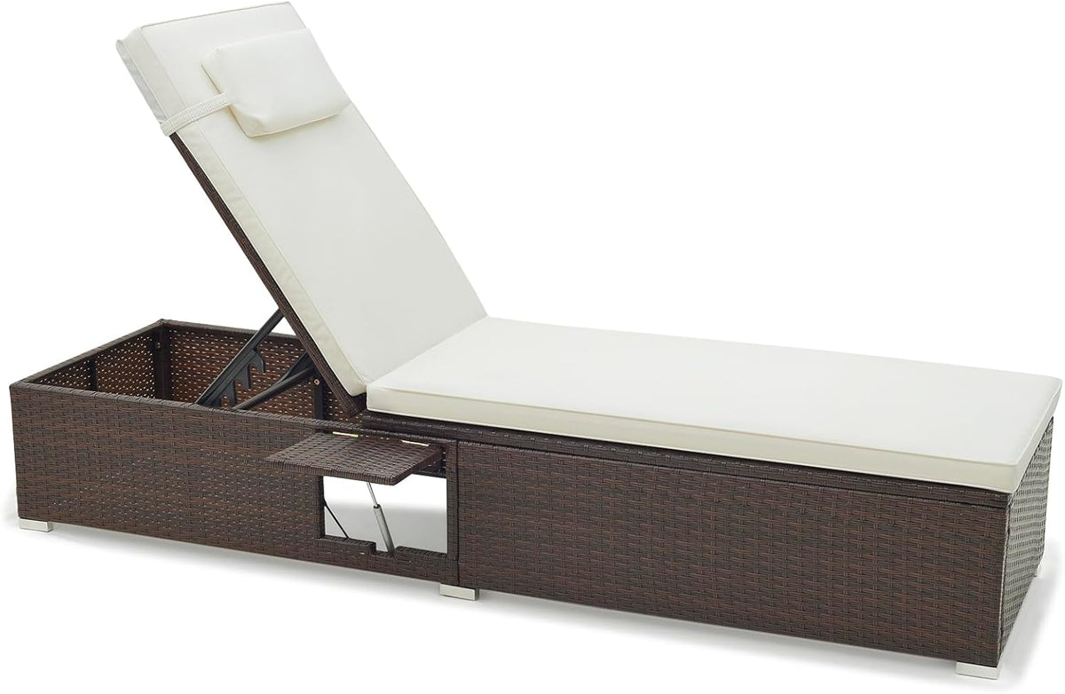 Rattan Sun Lounger 6 Level Recliner with Table Cream