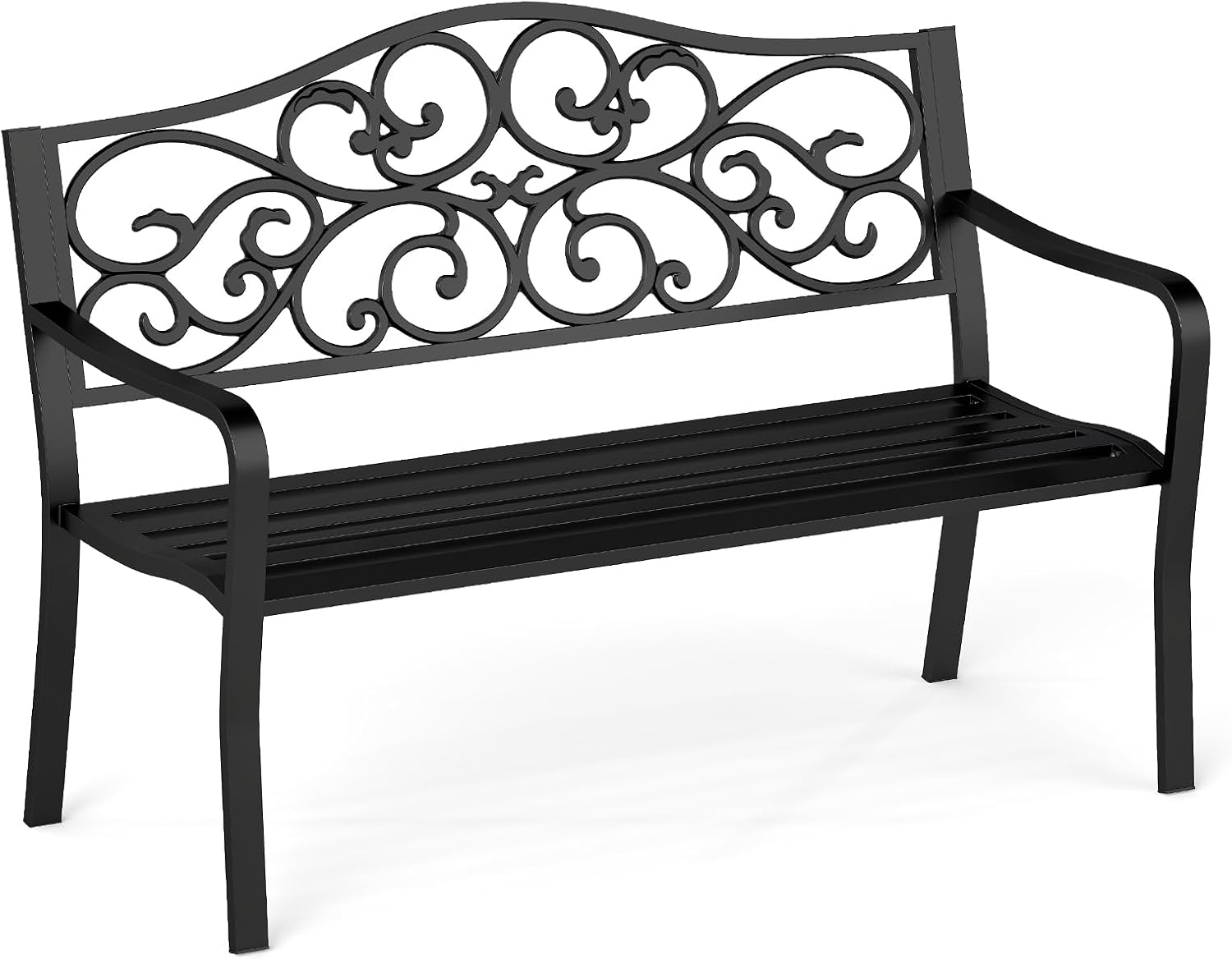 Metal Garden Bench 2-3 Seater Scroll Back Patio Seat Black