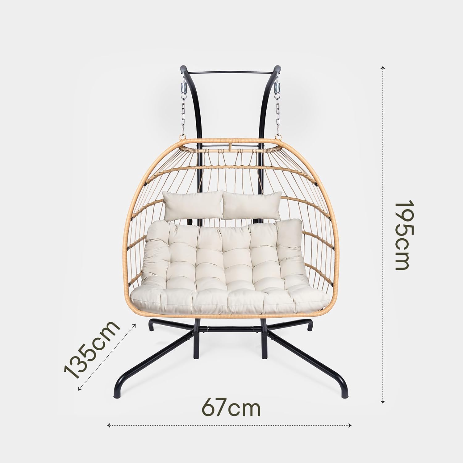 Double Egg Chair Natural Rattan Swing with Stand Cushion
