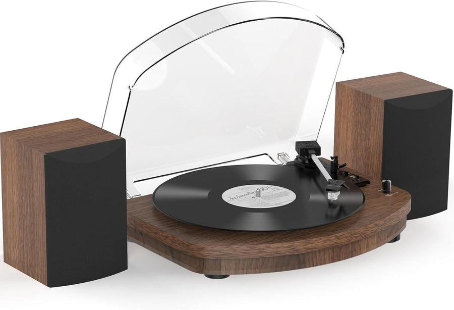 Walnut Vinyl Record Player With Dual Stereo Speakers