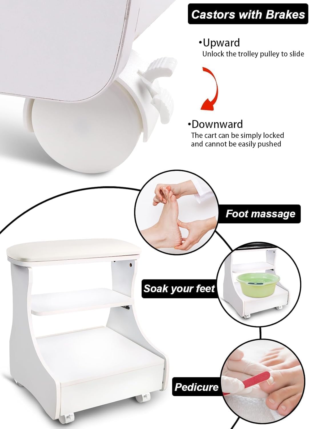 Pedicure Foot Rest Trolley with Wheels Storage PU Leather Stool
