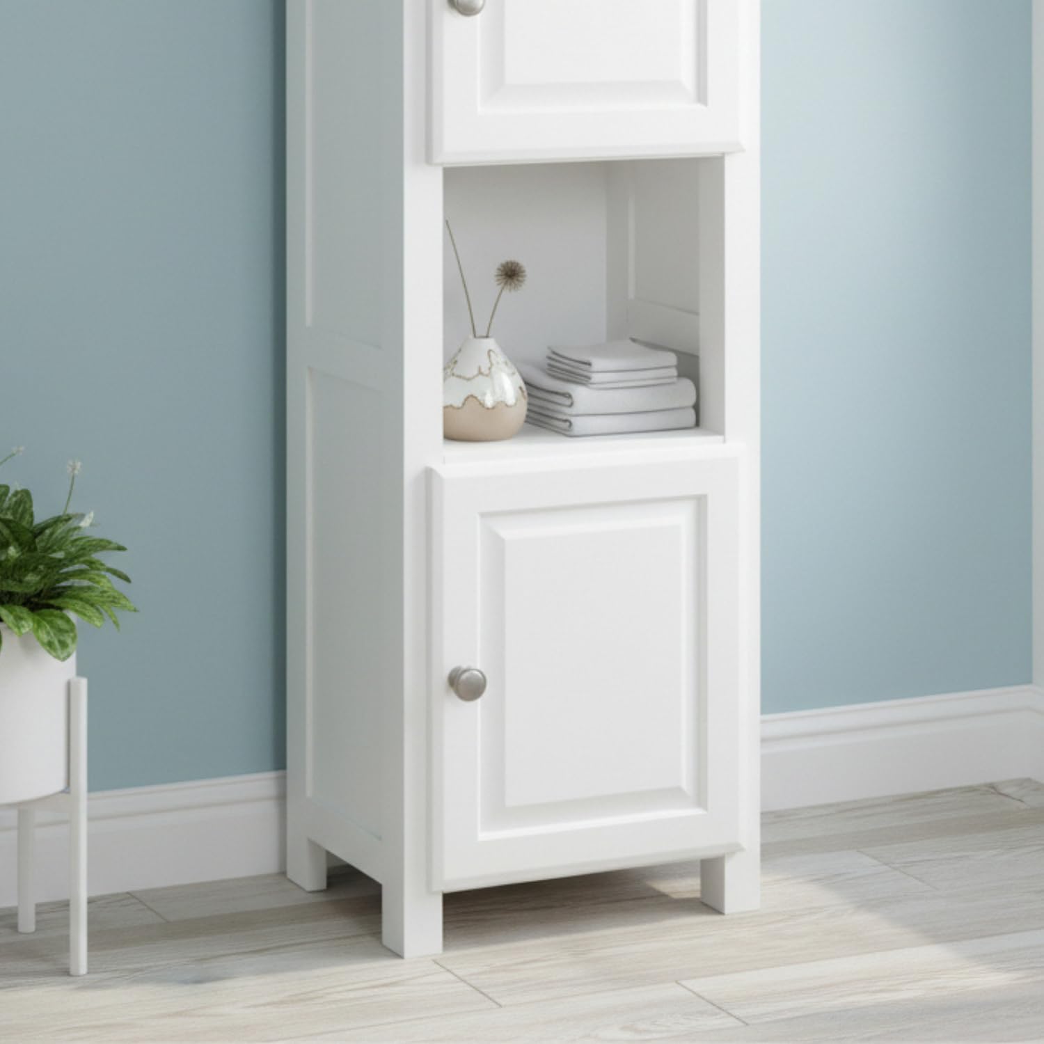 Tall Slim Storage Cabinet White Corner Shelf Unit