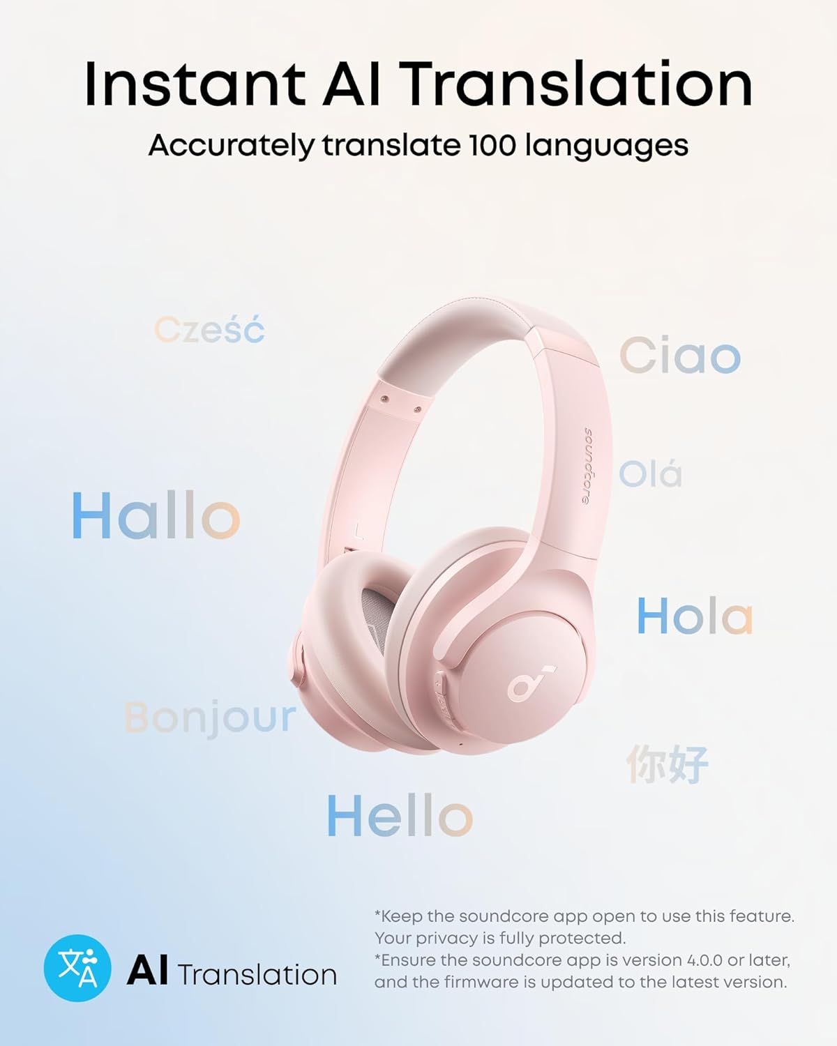 Pink ANC Bluetooth Over Ear Headphones 40H Playtime Hi Res