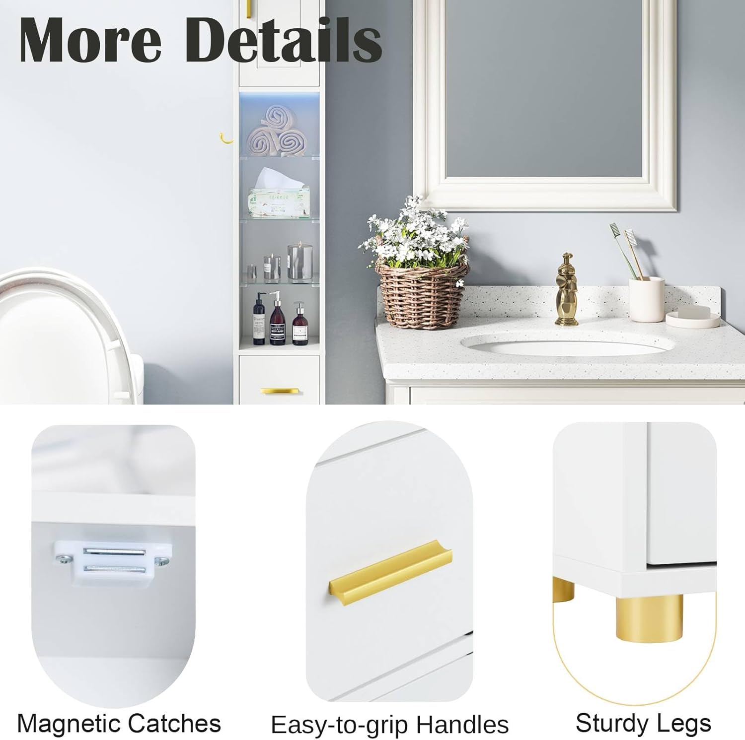 Tall Slim Storage Cabinet White LED Shelf Hook Unit