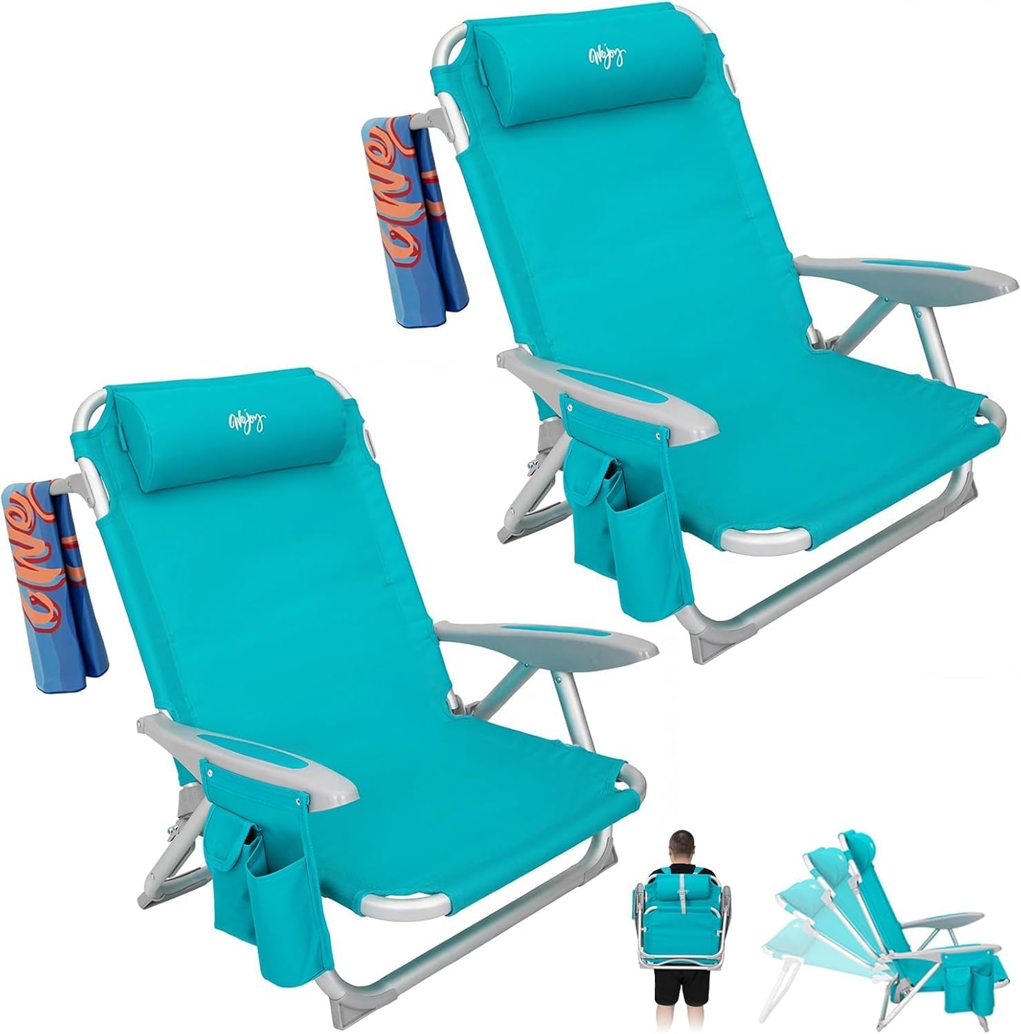 2 Pack Cyan Adjustable Beach Chairs Folding Reclining Seats